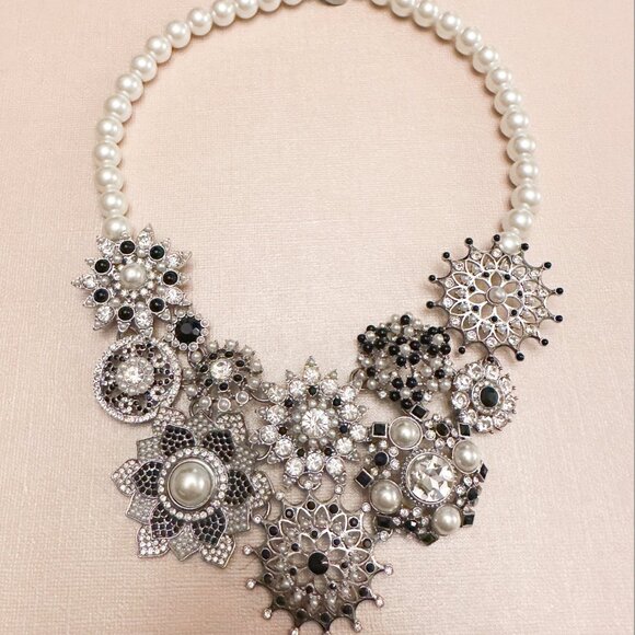 White House Black Market Statement Necklace | Faux Pearl & Rhinestones - Picture 1 of 3